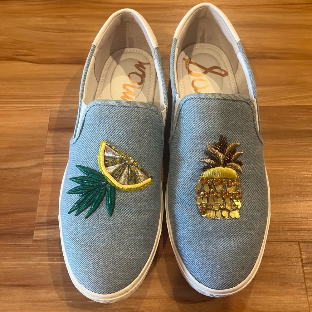 Embellished Blue Denim Slip-On Sneakers with Pineapple & Citrus Motifs